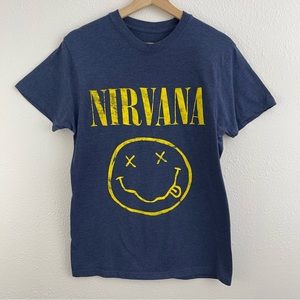 NIRVANA Navy Blue Yellow Smiley Face Short Sleeve Graphic Band Tee